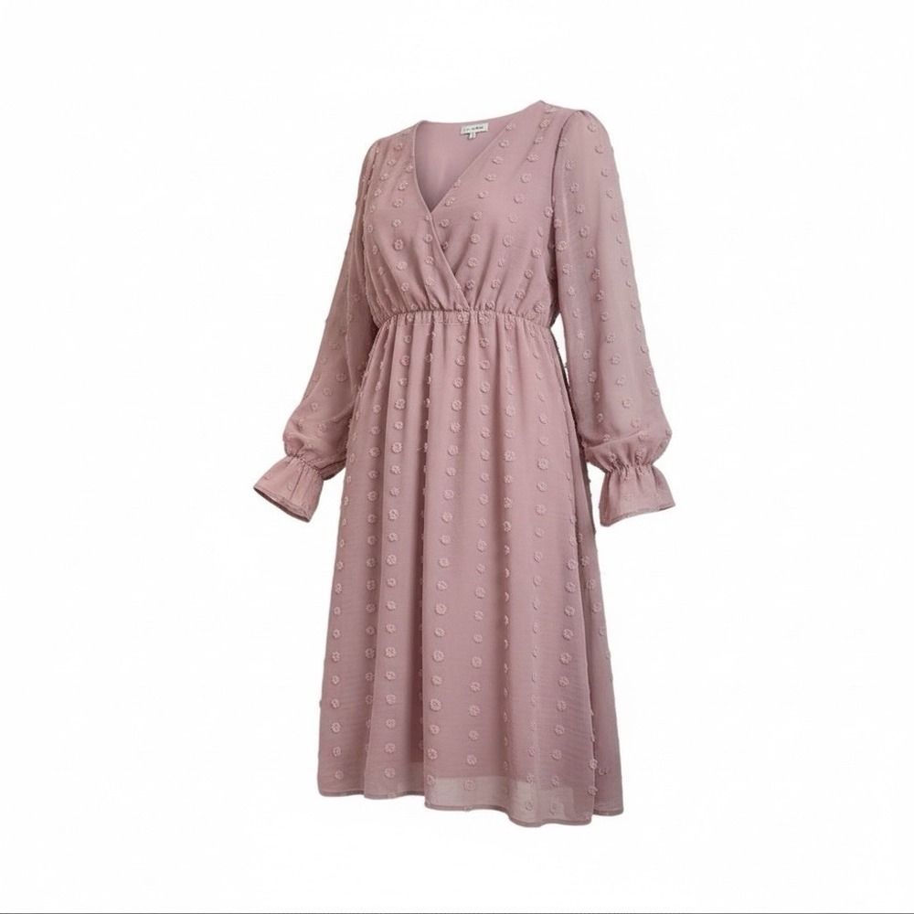 BALTICBORN Swiss Dot V Neck Midi Dress Medium Blush Pink Cottagecore Long Sleeve